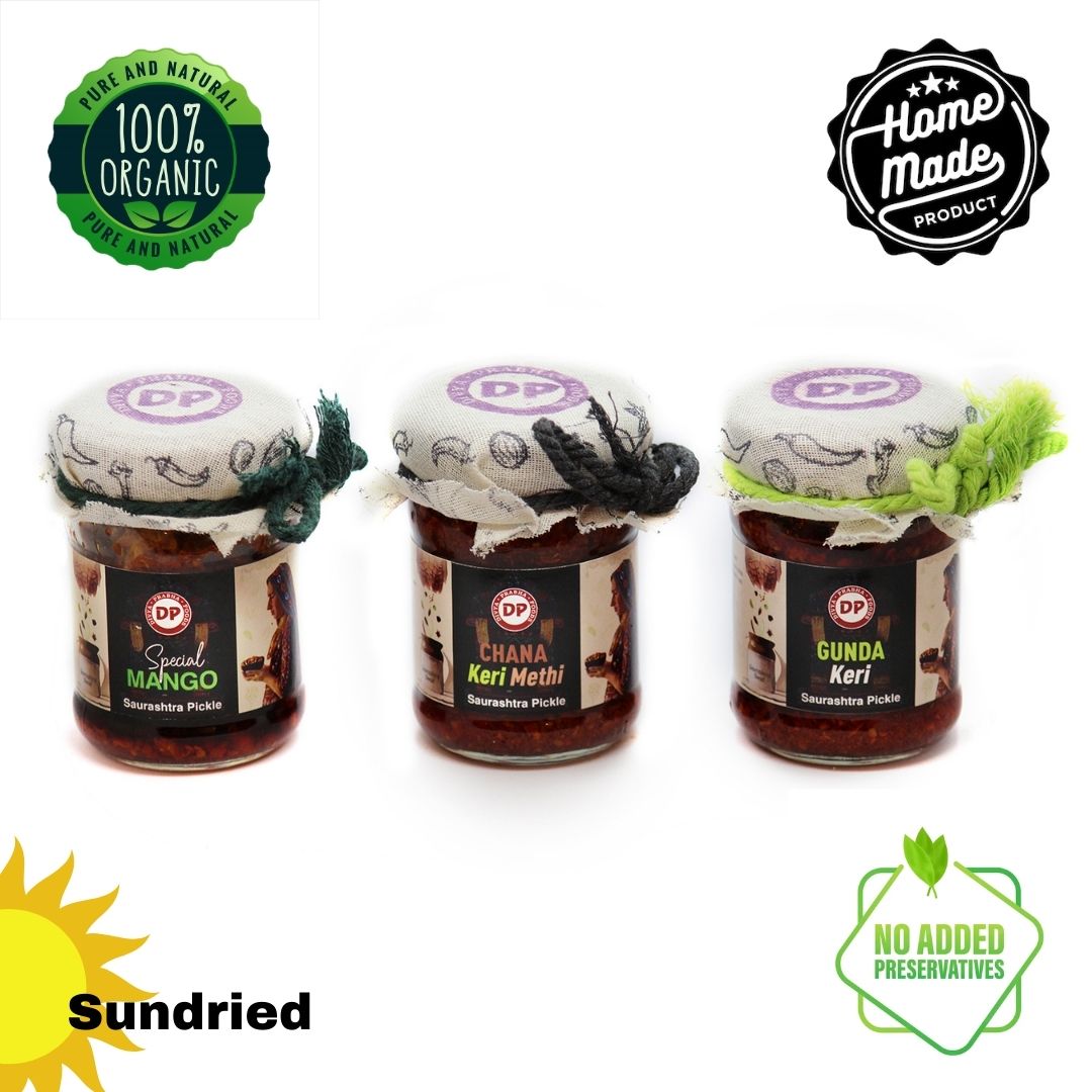 3 Pickle Combo Pack – Tangy & Chatpata Achar Set | Special Mango + Chana Keri Methi + Gunda Keri | Divyaprabha Foods